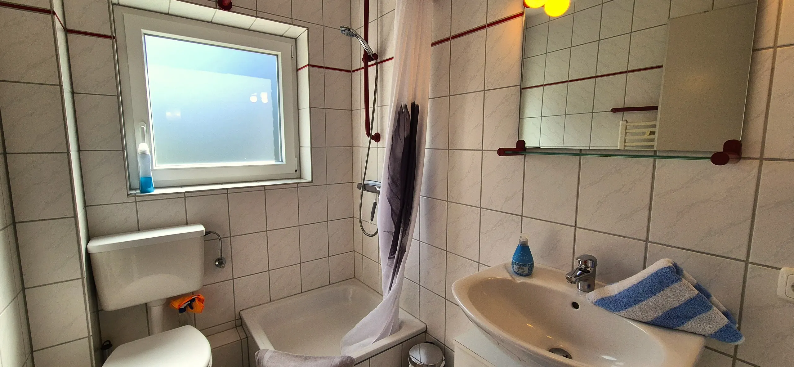 Krabbe – Badezimmer mit Badewanne, Duschvorhang und Handbrause, WC und Waschbecken mit Spiegel.