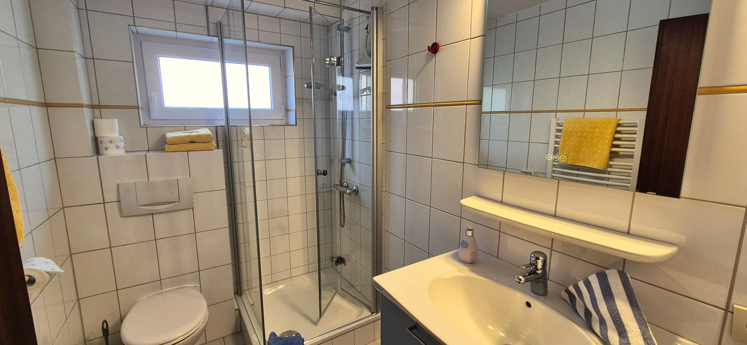 Butt – Badezimmer mit Duschkabine aus Glas, WC und Waschbecken mit Spiegel und Ablage.