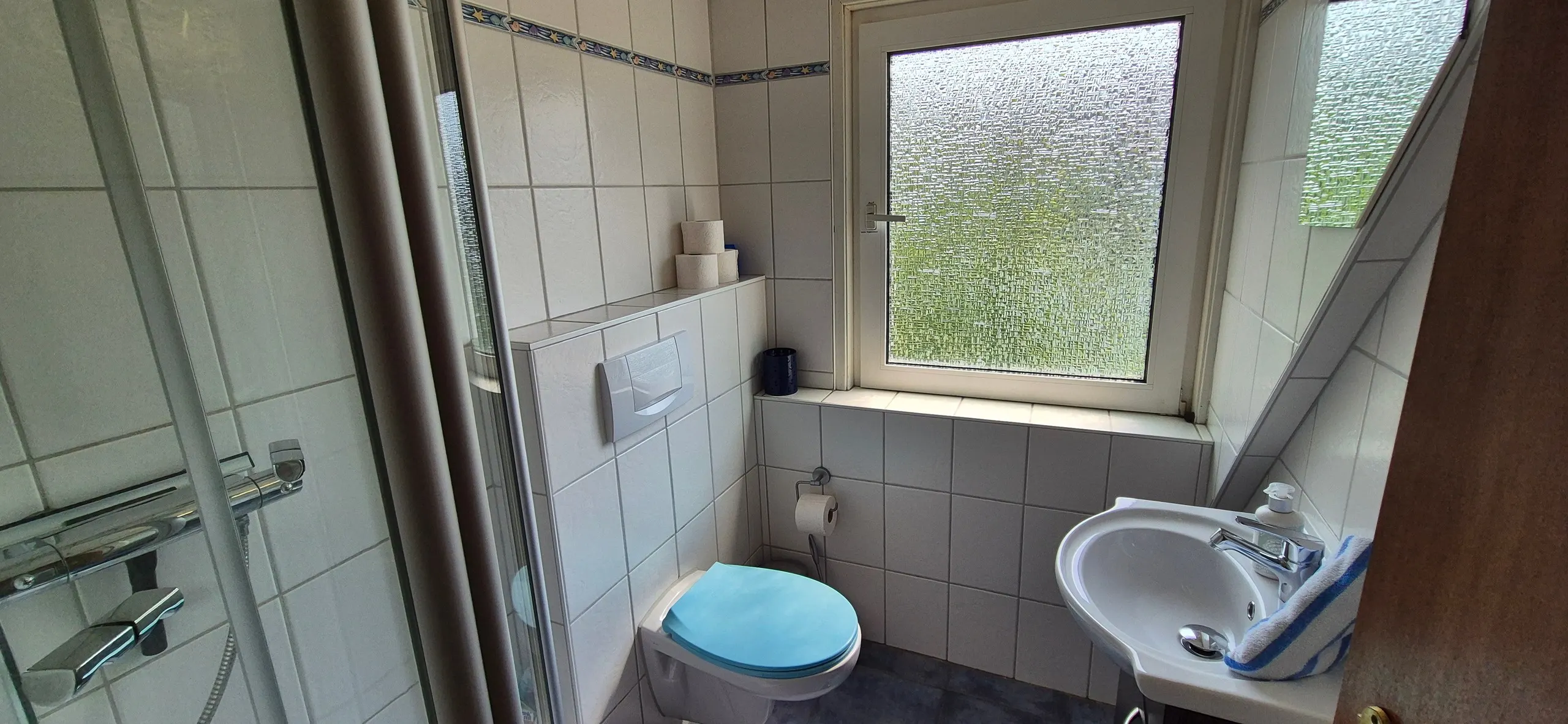 Wollgras – Badezimmer mit weißem Wand-WC mit hellblauem Klodeckel, darüber ein Spülkasten mit Ablage für Ersatzrollen, weiße …